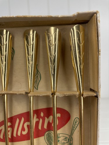 Vtg NOS Orig Box Mid-Century Aluminum Iced Tea Drink Spoons TallStirs Set 6 Gold - Picture 2 of 7