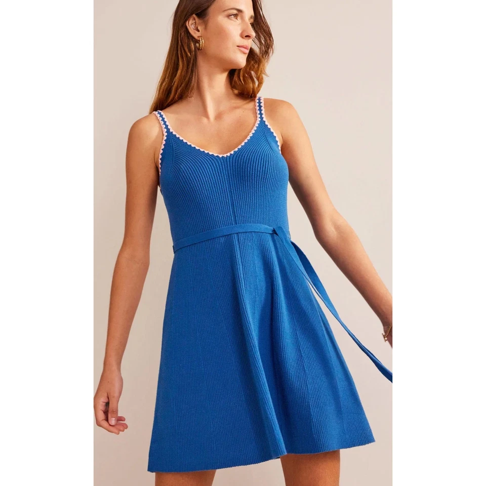 NEW Boden Crochet Trim Womens Size 10 Mini Dress Ribbed Knit Belted Fit Flare - Image 3 of 4