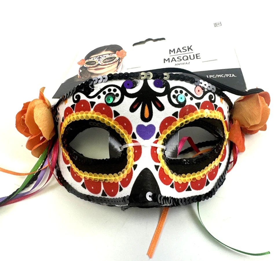 Fiesta De La Muerte Mask Colorful Sequins Elastic Costume New Day of the Dead - Image 3 of 4