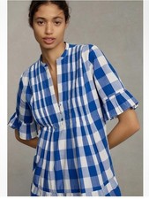 Anthropologie Whit Two 100% Cotton Tiered Blue Gingham Short Sleeve Midi Dress