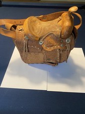 Tooled Leather Western Saddle Bag w/ Strap  Fleece Lined Interior MOD 80B