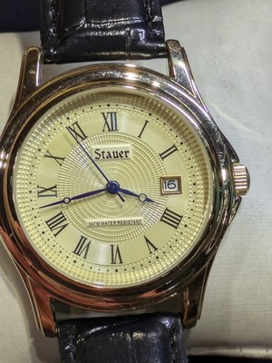 Vintage STAUER Metropolitan Gold Tone Men's Watch Japan Movt 17961 New Btry 7.6''
