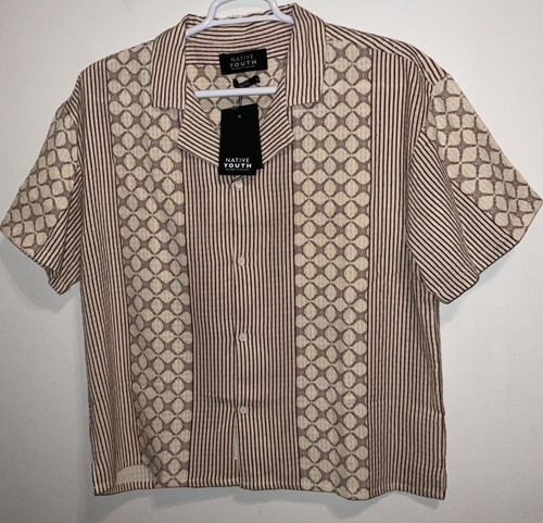 NATIVE YOUTH URBAN OUTFITTERS CREAM BROWN SEERSUCKER ENGLAND DESIGN SHIRT XL NWT - Picture 5 of 17