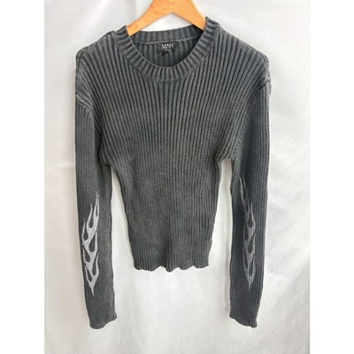 BoohooMAN Y2K Grey Ribbed Sweater Crew Neck Flame Graphics Size M Cotton 2000s
