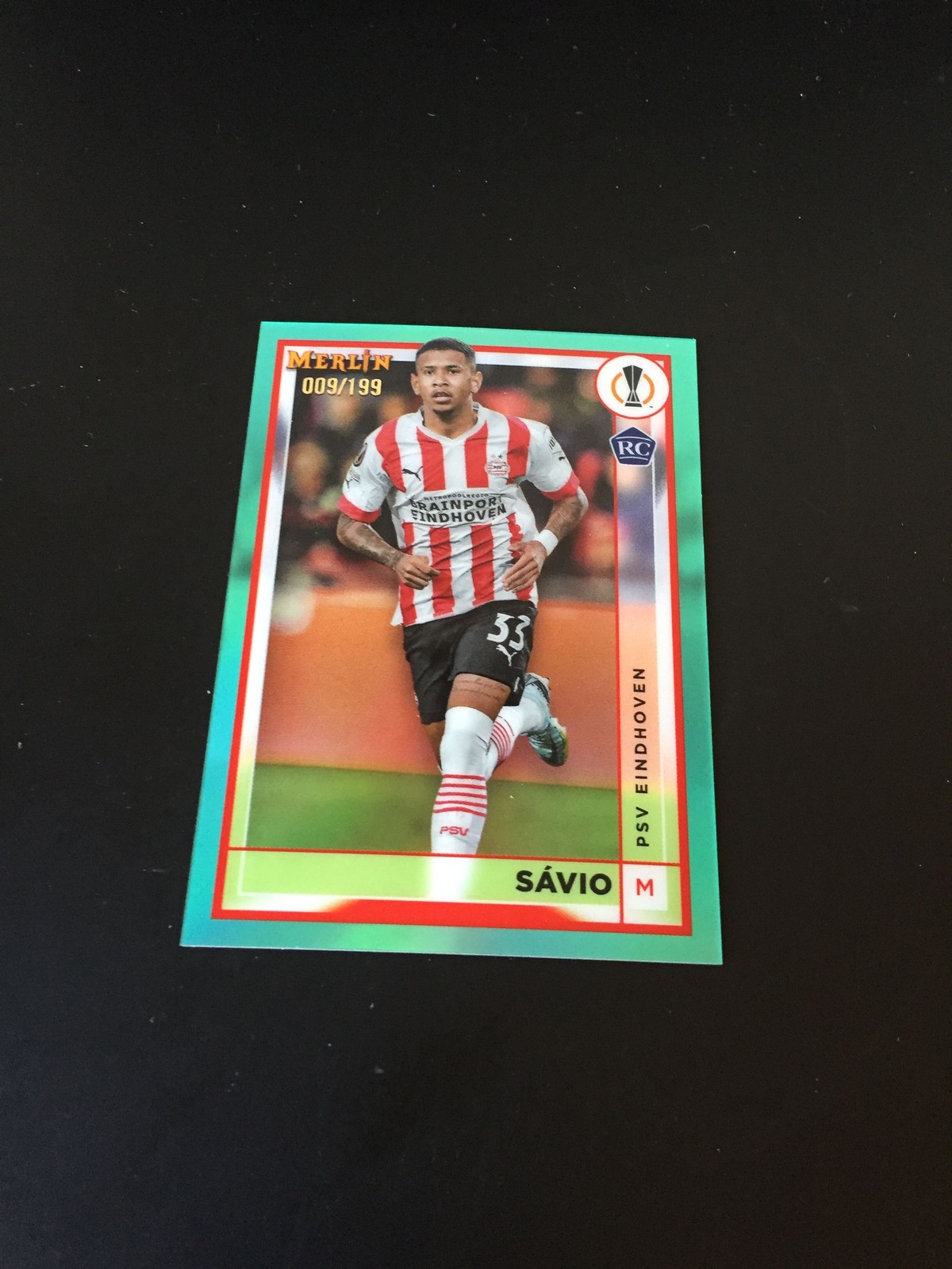 2022-23 Topps Merlin Chrome Savio PSV Manchester City Aqua 9/199 Rookie RC