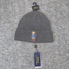Polo Ralph Lauren Solid Flag Bear Embroider Rib Cuff Beanie Wool Blend Gray NEW