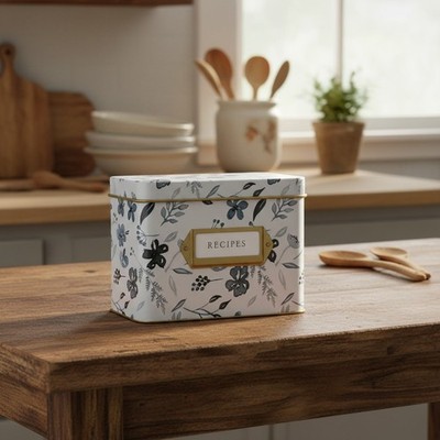 Elegant Indigo Floral Recipe Tin Box for 4x6 Cards | Sturdy Greeting Card Holder