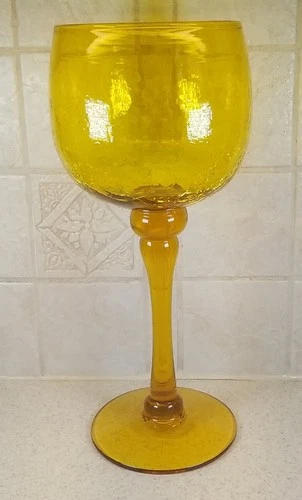 Blenko Glass 413-L Tall Goblet Chalice 12 3/4" Acid Signature Jonquil Crackle