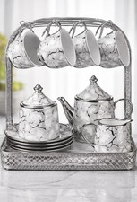 Luxury White & Silver Marble Effect Tea Set with Stand – Teapot, Cups, Saucers