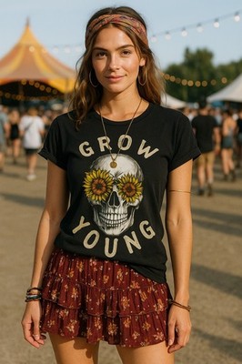 New Element  Vneck Women s L Graphic T-Shirt Black Grow Young Skull Sunflower