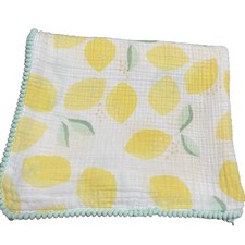 Cloud Island Swaddle Blanket Lemon Muslin Honey Bee Pom Pom Trim Cotton Baby