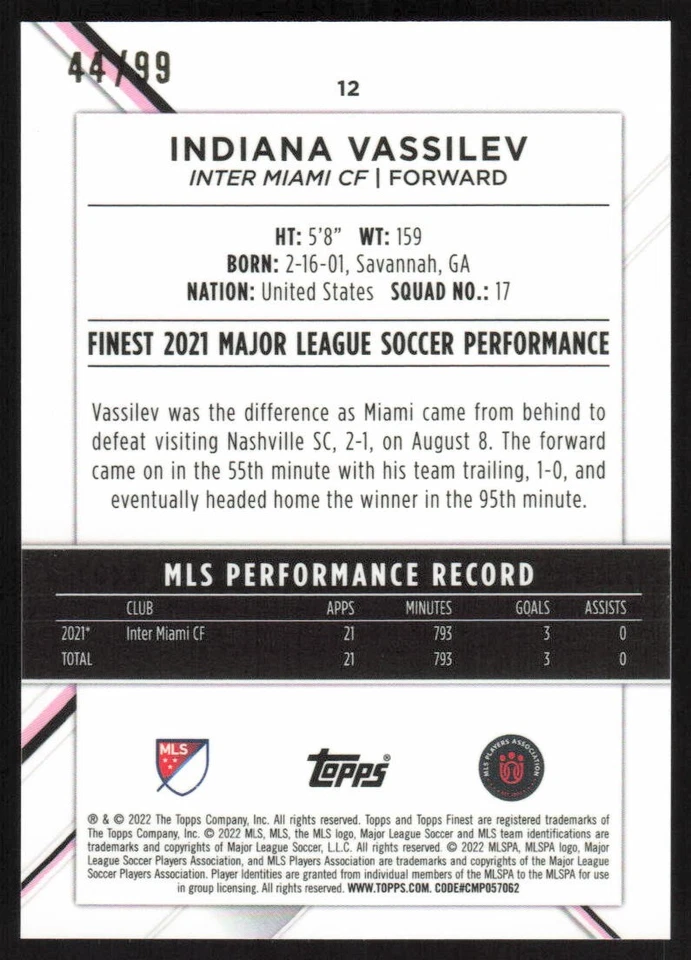 2022 Topps Finest MLS Neon Green Rookie #12 Indiana Vassilev /99 Inter Miami CF - Image 2 of 2