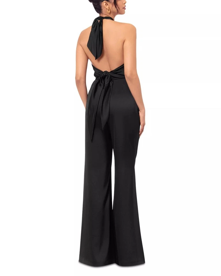 268$ Mono AQUA Halter Cuello Pierna Ancha Satinado Una Pieza Para Mujer Talla 12 Negro Foto 2 de 4