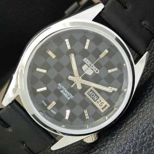 MENS VINTAGE SEIKO 5 AUTOMATIC REFURBISHED JAPAN BLACK DIAL WATCH a440428-1