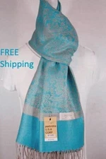 Women's Pashmina Scarf Shawl;Paisley Camel,Turquoise~Silk Cashmere.Soft*027