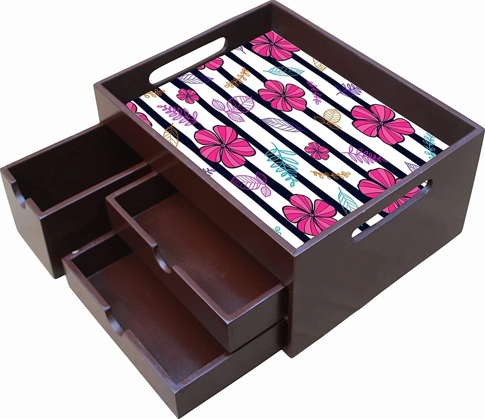 Holz Tablett Mit Multi Schublade Küche Verwendung Wohndeko Pink Abstrakt Blumen - Bild 2 von 4