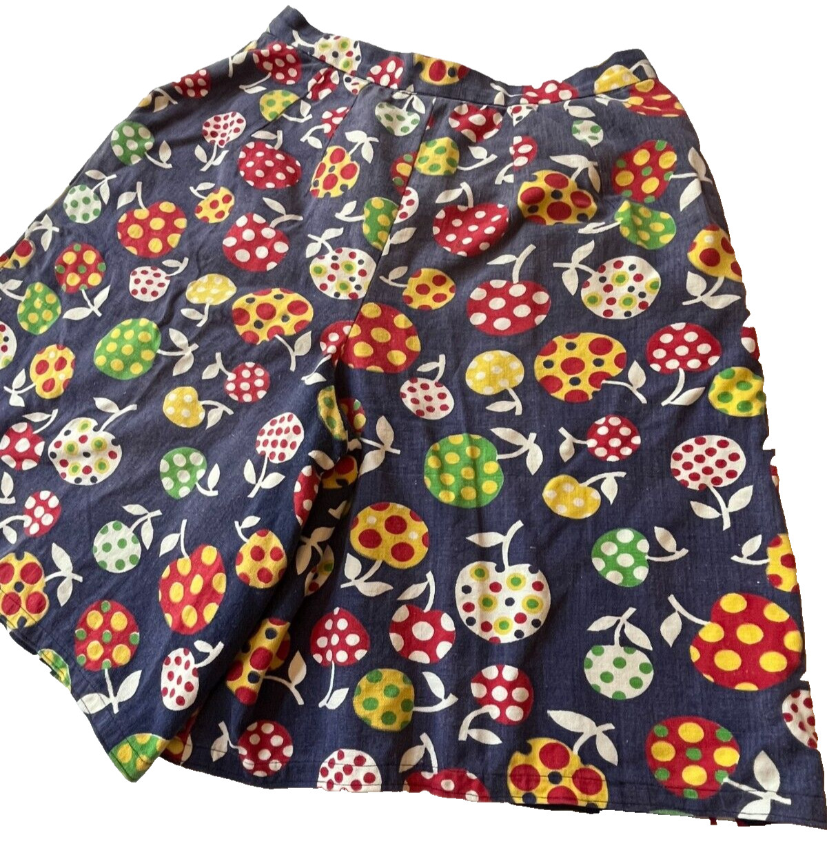 Vintage 1970s Womens Shorts Size Small Polka Dot Fruit High Waisted Groovy Blue