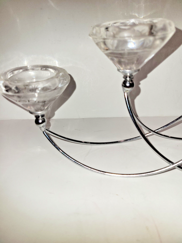 Minimalistic Candelabra 5 Tealights Metal Stand Faceted Glass Holders 17” x 7” - Picture 2 of 13