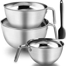 Stainless Steel Mixing Bowls With Handle And Pour Spout3 Pieces Of Thick Stai...