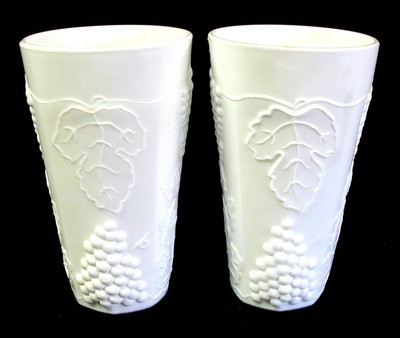 Two Vintage COLONY Milk Glass Cooler Tumbler HARVEST Grapes & Leaves 5-3/4 inch