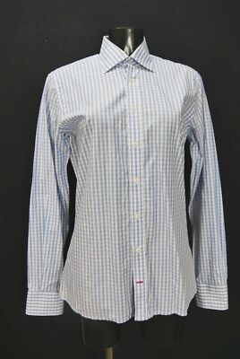 Traditional shirt modern light cotton blue/white check slim fit size S 37/38