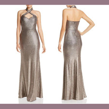 NEW $289 XSCAPE [ 8 ] Allover Sequin Crisscross Halter Gown in Glittery #S224