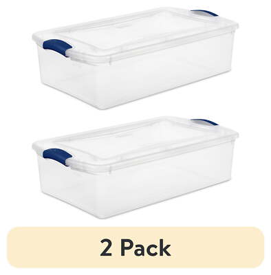 (2 pack) 32 Quart Latch Box, Clear Plastic Storage Bin with Clear Lid, Blue