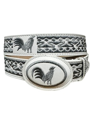 Cinto vaquero bordado gallo piel western style belt rooster embroidered white