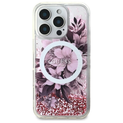 GUESS iPhone 16 Pro Max Hülle Case Cover MagSafe Liquid Glitter Flower pink