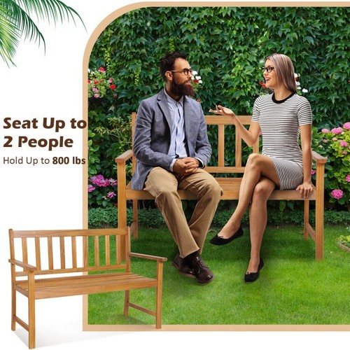 2-Person Garden Acacia Wood Bench Outdoors Slatted Seat With Backrest & Armrests - Picture 6 of 12