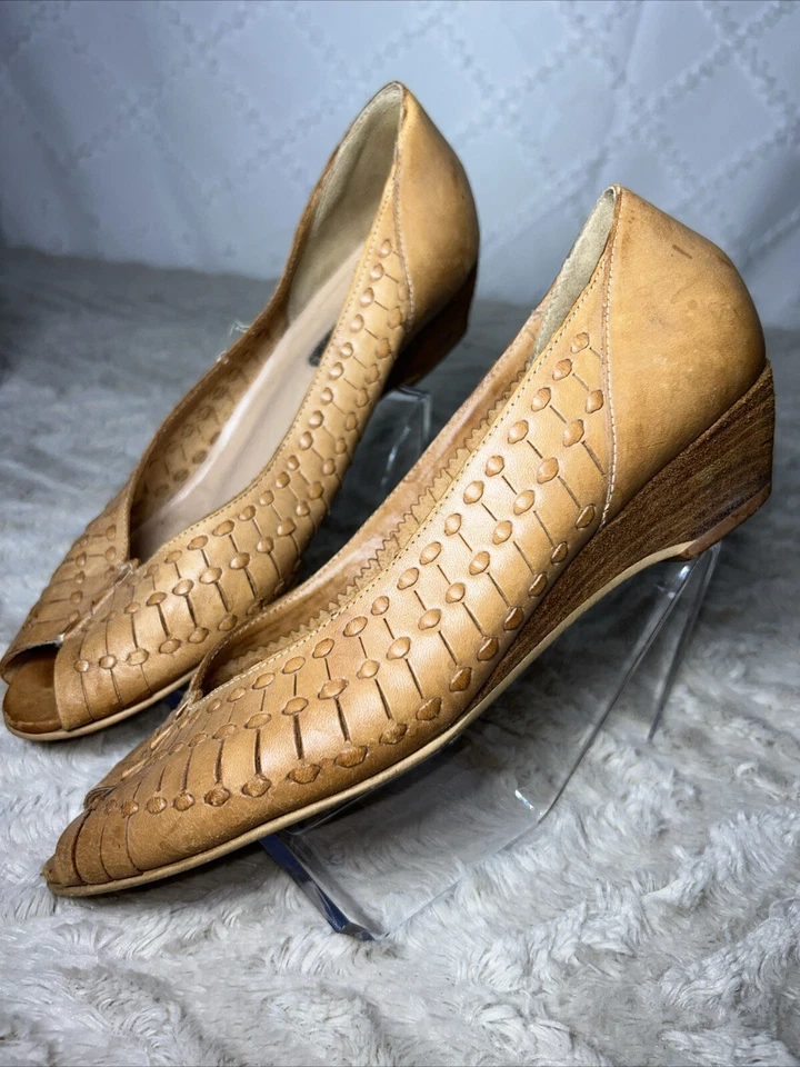 Винтажные повседневные сандалии QualiCraft размер 9 кожа дерево коричневый на танкетке - Изображение 3 из 4