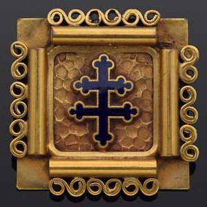 Authentic Antique Jean Augis Gold Plated Enamel Cross of Lorraine French Resistance Brooch
