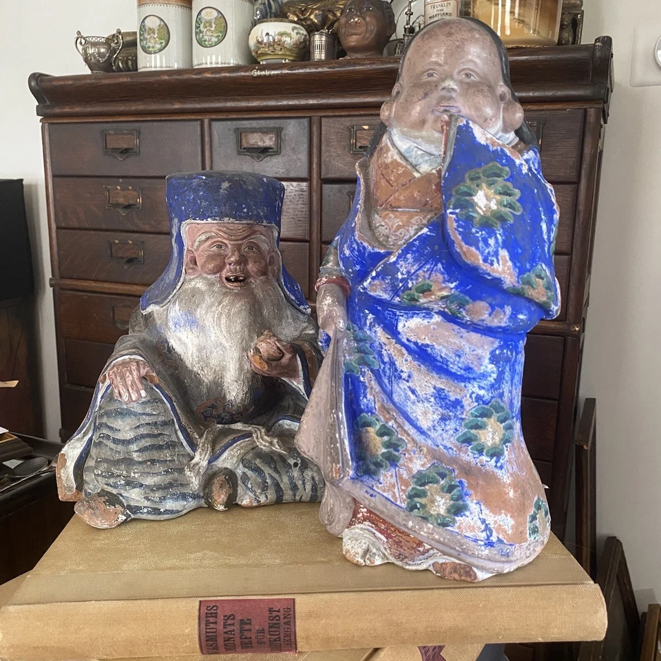 Figuras antiguas de cerámica chinas o japonesas Qing/Edo eruditas mujeres túnicas Jurōjin Foto 4 de 4