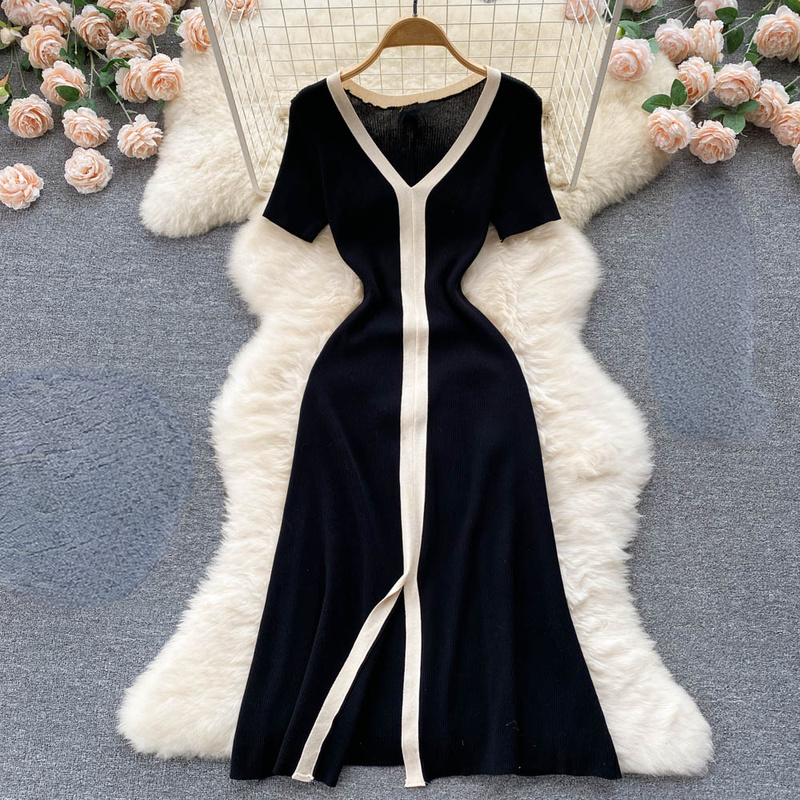 knee length dresses for ladies Women's Cashmere Wool Dress Ribbed Knit Crossover V-Neck Long Sleeve Midi Flattering Tailored Drape Versatile Blend || Mistveil, White / S main image 1