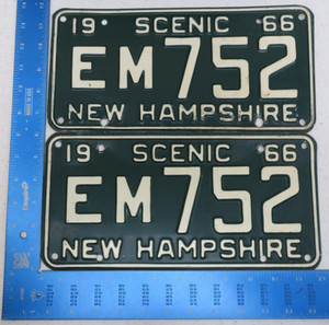 New Hampshire LIcense Plate 1966 Pair Set Tag NH 66 Cheshire County EM752 EM 752