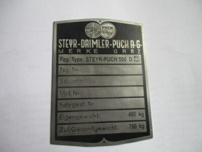 Typenschild Fiat 500 Steyer-Puch D 500D Schild S61 oldtimer pkw