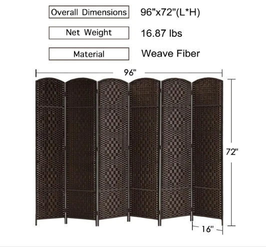 Separador de habitación plegable pantalla de privacidad pared 6 paneles tejido partición obturador ancho Foto 4 de 4