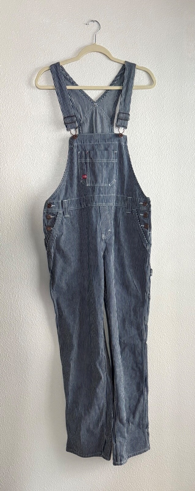 Dickies Women's Relaxed Fit Blue White Hickory Stripe Bib Overalls Size S