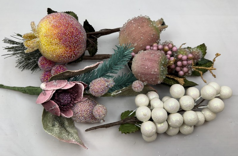 (4) Christmas Floral Picks - Pink/Mauve/Gold/White Fruit and Greens - Wet Look