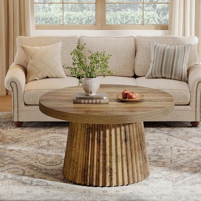 31.5'' Round Coffee Table, Farmhouse Circle Accent Center Table with Fluted Base