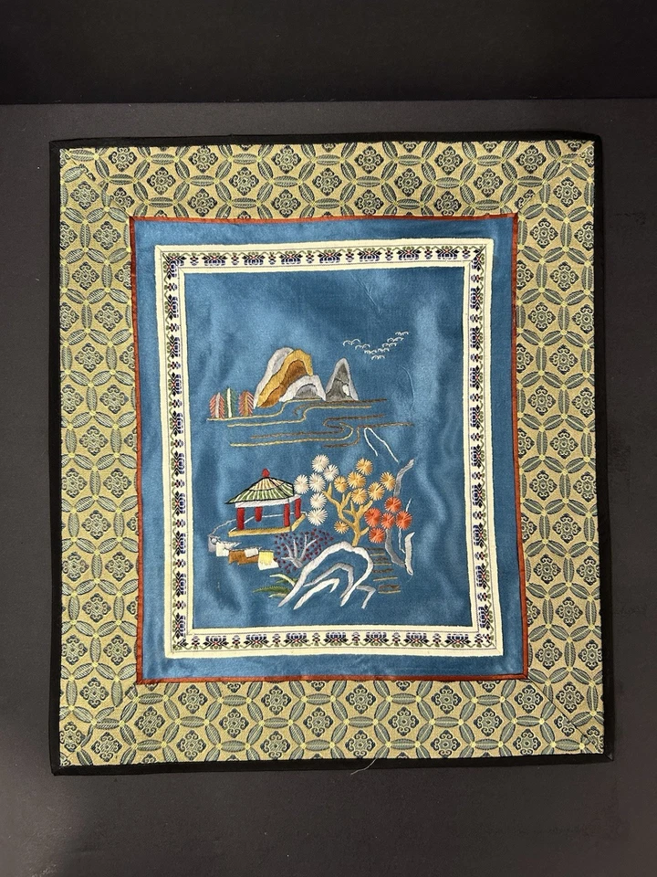 Two 1980s Chinese Silk Embroidery Panels Landscape Views 11"x10" Yellow And Blue - Image 3 of 4