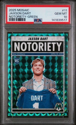 Graded 2025 Mosaic Jaxson Dart #11 Notoriety Green Rookie Football Card PSA 10