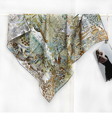 100 Twill Silk Scarf woods Print 88X88cm Shawl Square Bandanna Wrap