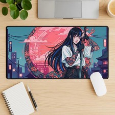 Cyberpunk Anime Katana Girl Desk Mat Extended Gaming Mouse Pad, Neo-Tokyo Art