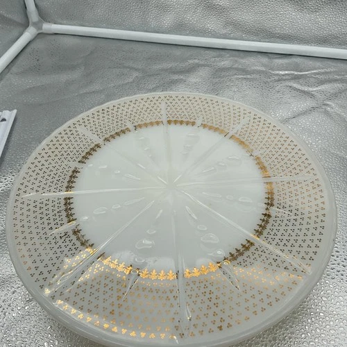 Vintage Anchor Hocking White Milk Glass Cake Stand Pedestal Plate w/ Gold Trim