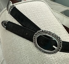 Vtg Women s Brighton Leather Croc Silver Buckle Reversible4way Black/Brown Belt
