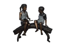 NIFAO Two Kids Reading on Tree Log Bronze Statue 44"L x 17"W x 42"H