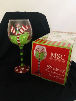 Christmas Present MSC Mainstreet Collection Wine Glass Handpainted-New in box