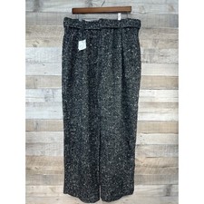 ZARA Wide Leg Textured Herringbone Belted Pants Black White Size 42 EUR