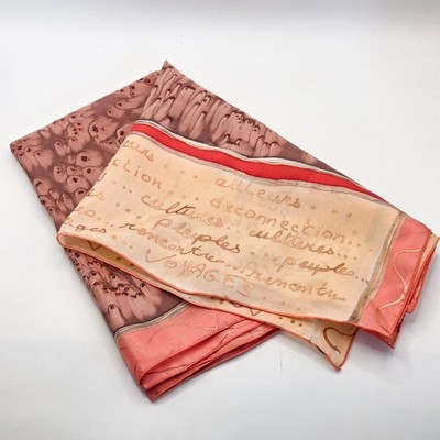 Hand Painted Silk Scarf Made in France Mauve Coral Abstract Gold Script 44x17